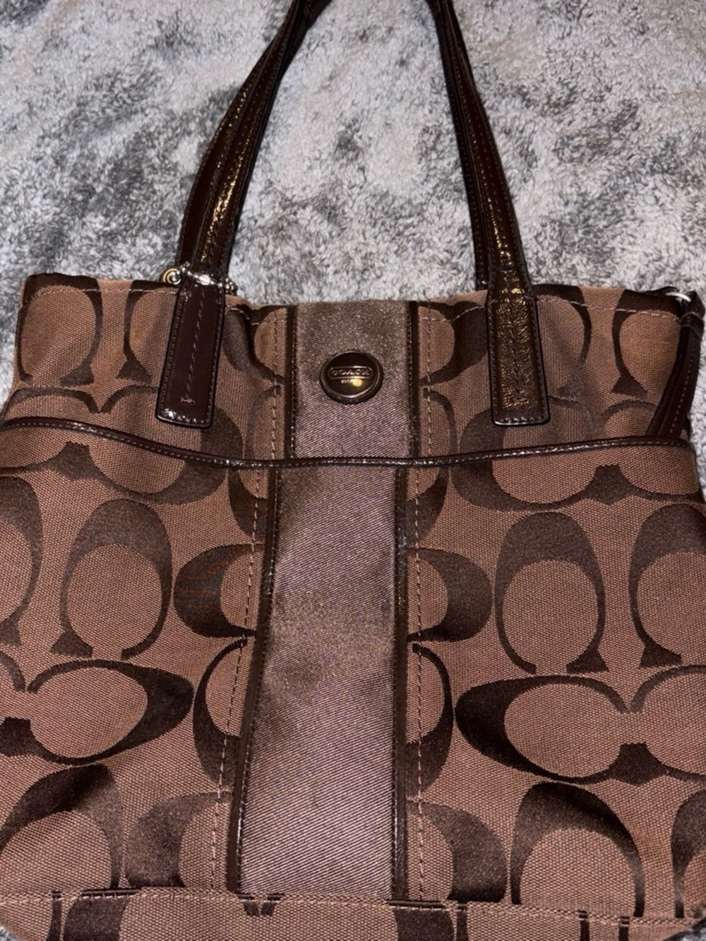 Coach Brown Signature Jacquard Tote with Patent Trim